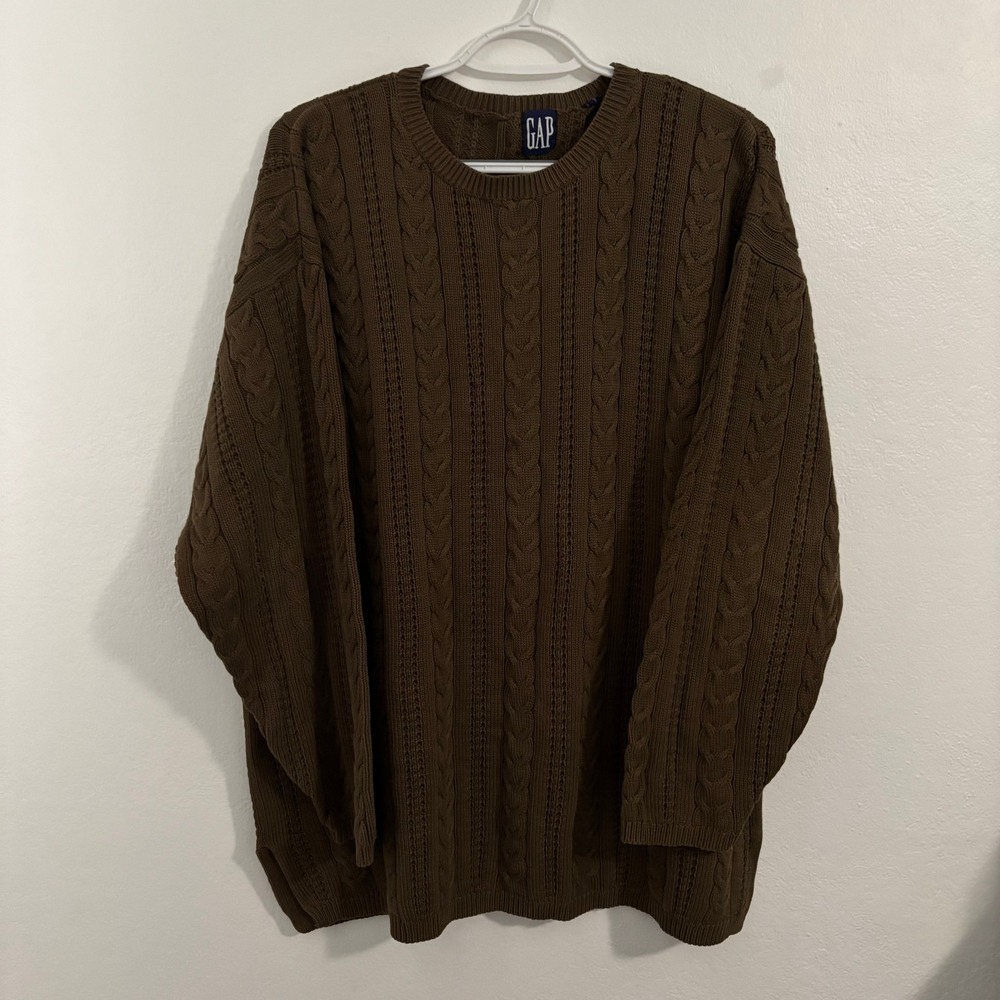 Vintage GAP Mens Cable Knit Sweater Brown Olive Crewneck 90s Relaxed Fit XL - Picture 4 of 10
